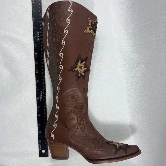 Erkan Demir Artemis Brown Leather Embroidered Western Cowgirl Boots Size 37/6 - Picture 7 of 16